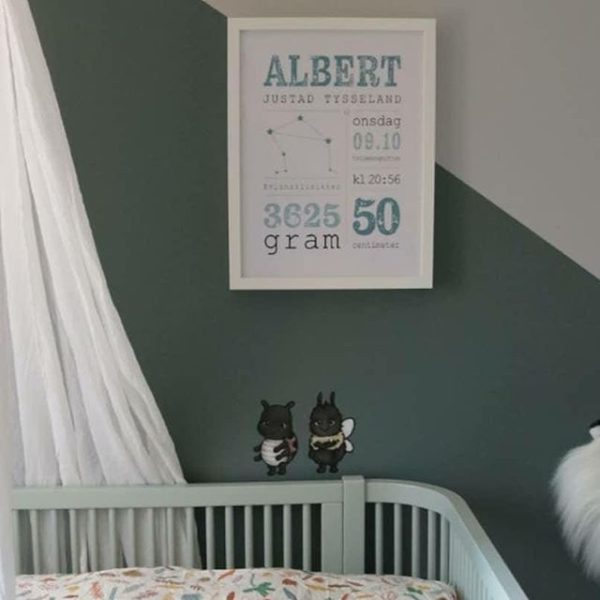 Fødselsplakat med stjernetegn grønn over senga