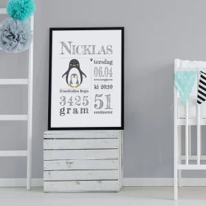 navnetavle fødselsplakat med pingvin